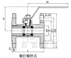 鍛打縮徑式填料倉(cāng)整體式法蘭球閥結(jié)構(gòu)圖